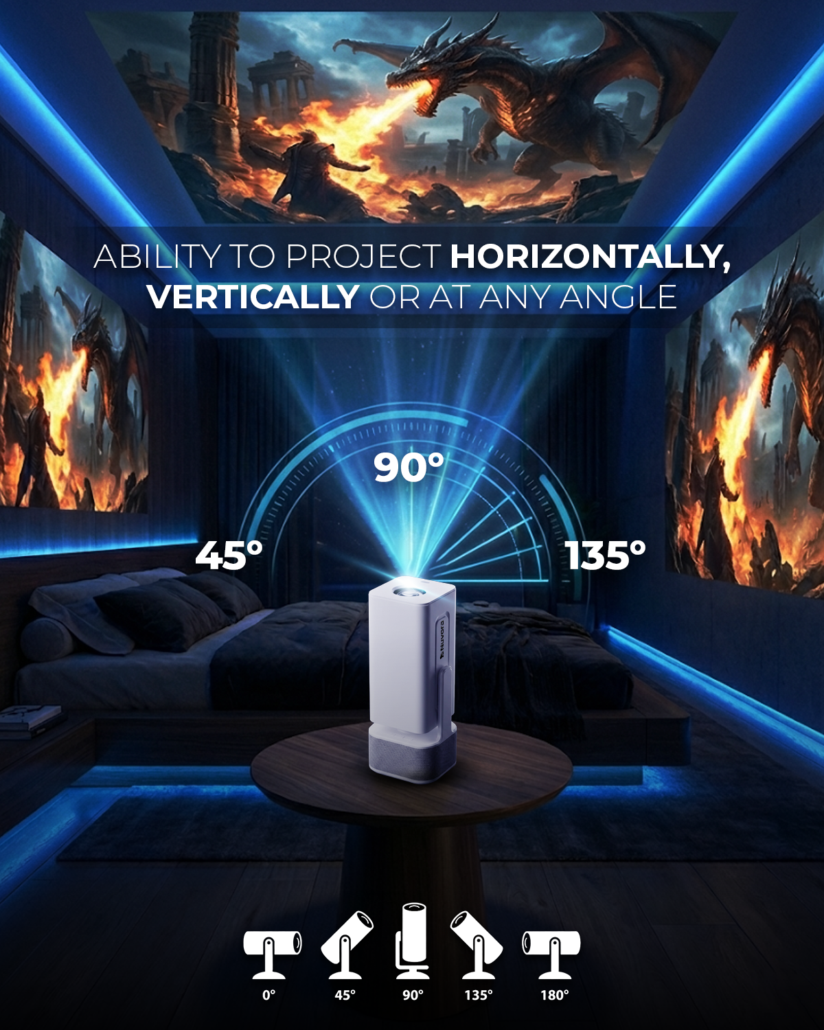 Smart Mini Projector 350 ANSI, Native 1080P Full HD 4K Supported, WiFi & Bluetooth, With Android, 270° Rotatation with Dolby Dual Speakers, Projector For Bedroom